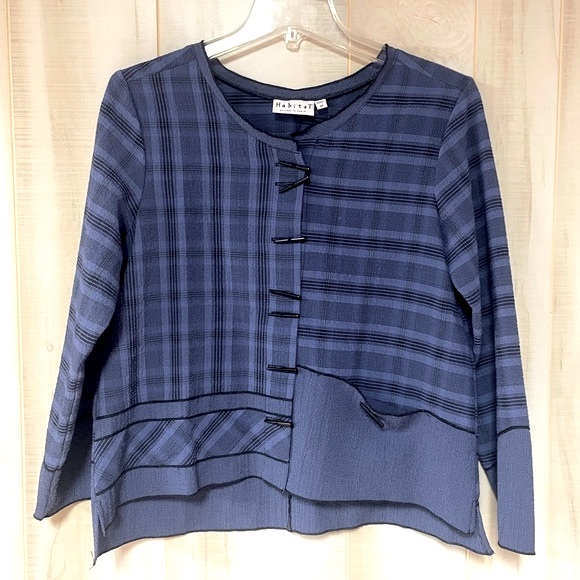 Habitat Blue Black Plaid Patchwork Button Front Asymmetrical Hi LowHem Top Sz XS - Picture 1 of 6